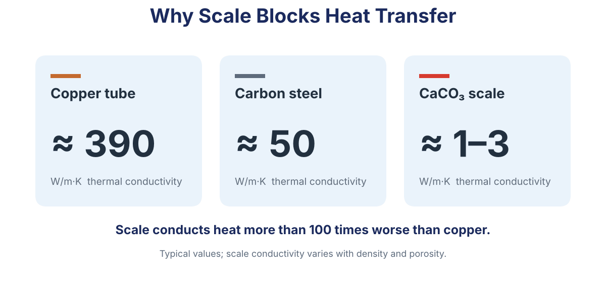 Thermal conductivity of copper about 390, carbon steel about 50 and calcium carbonate scale about 1 to 3 W/m K