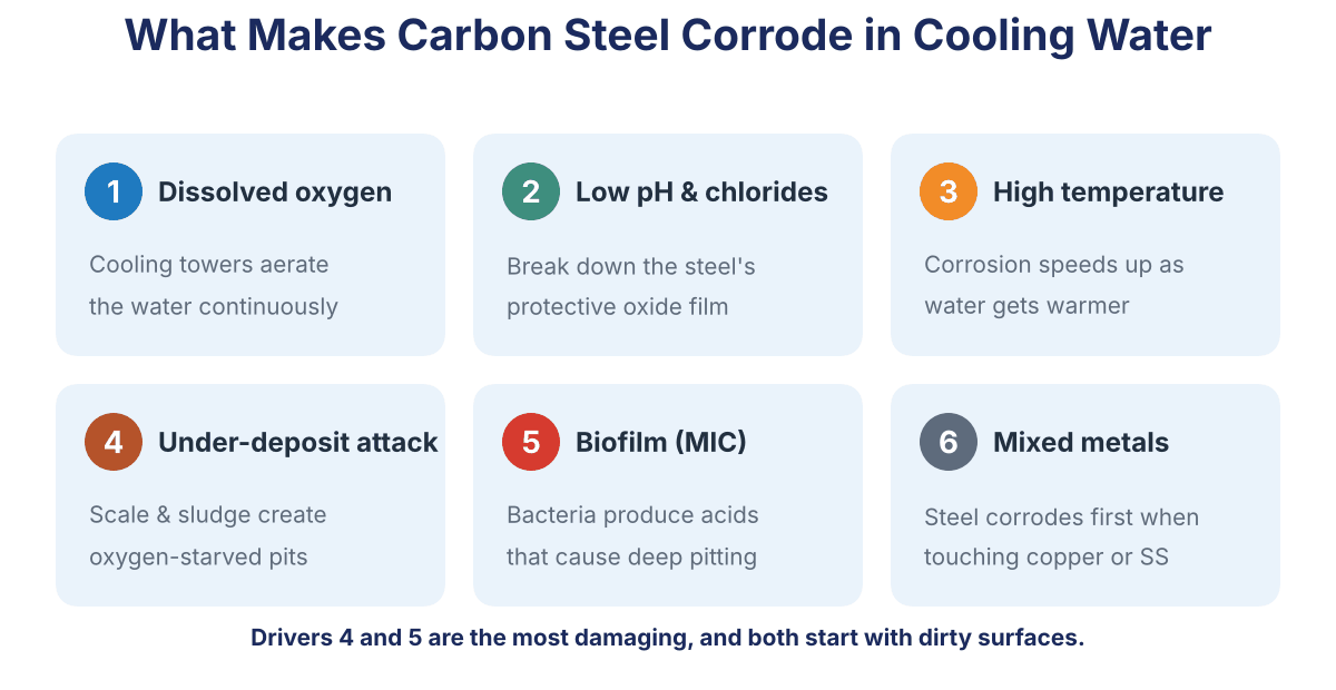 Six causes of carbon steel corrosion in cooling water: dissolved oxygen, low pH and chlorides, high temperature, under-deposit attack, biofilm (MIC) and mixed metals