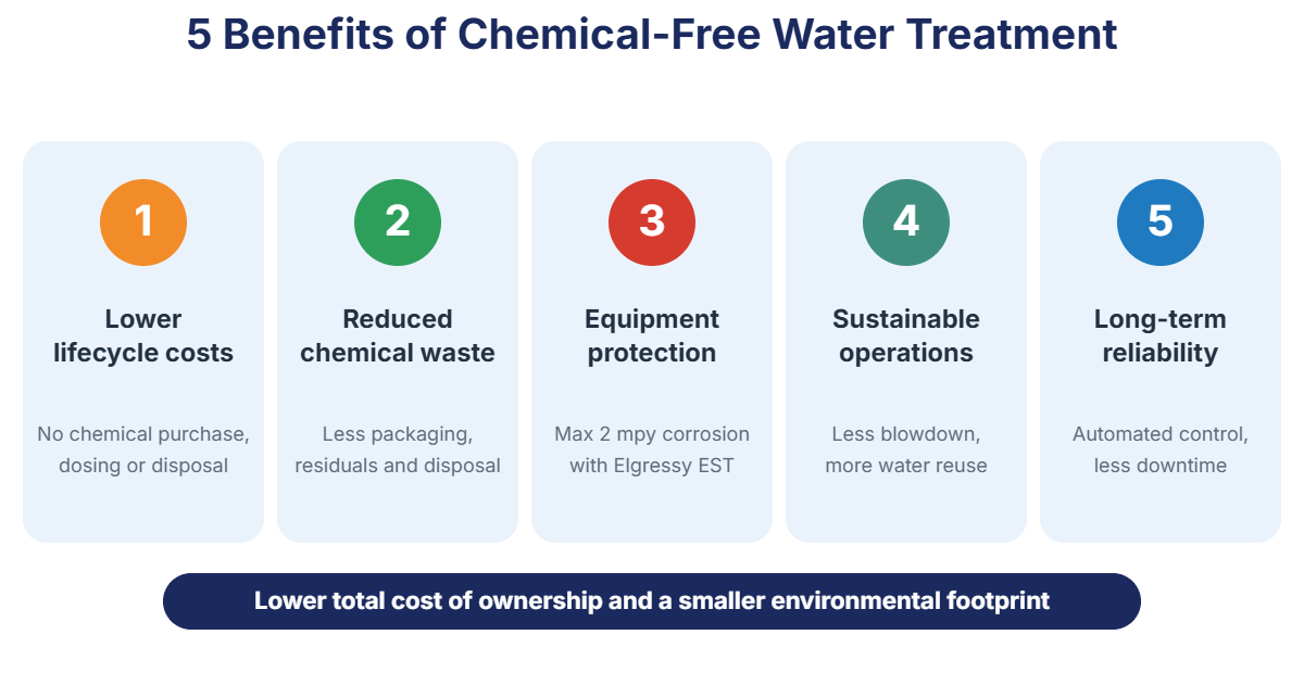 Five benefits of chemical-free water treatment: lower lifecycle costs, reduced chemical waste, equipment protection, sustainable operations, long-term reliability
