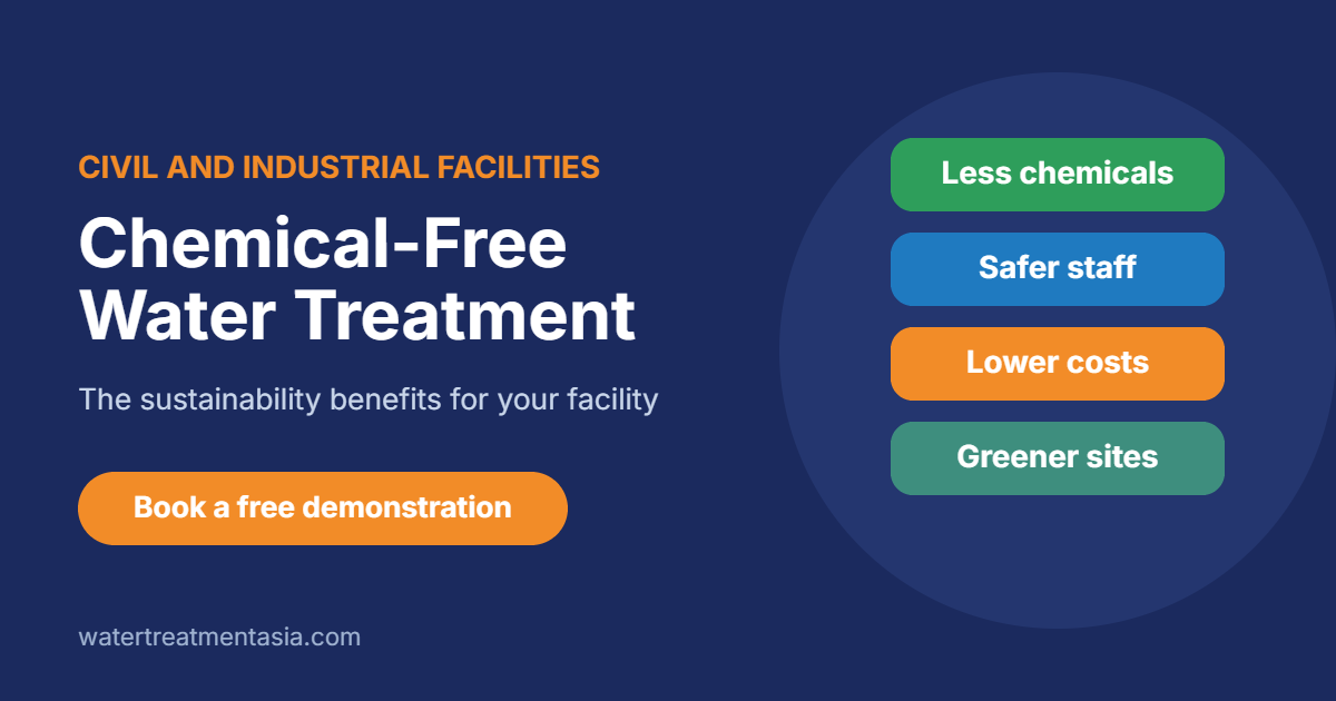Chemical-free water treatment for civil and industrial facilities: less chemicals, safer staff, lower costs, greener sites