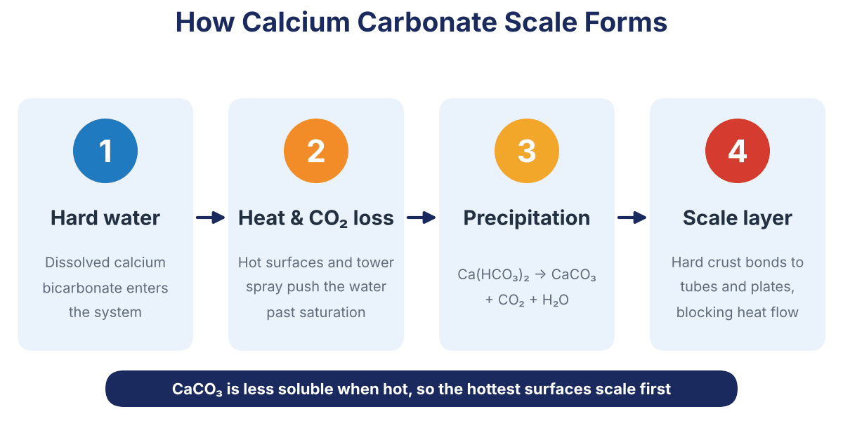 Four steps of calcium carbonate scale formation: hard water, heat and CO2 loss, precipitation, scale layer
