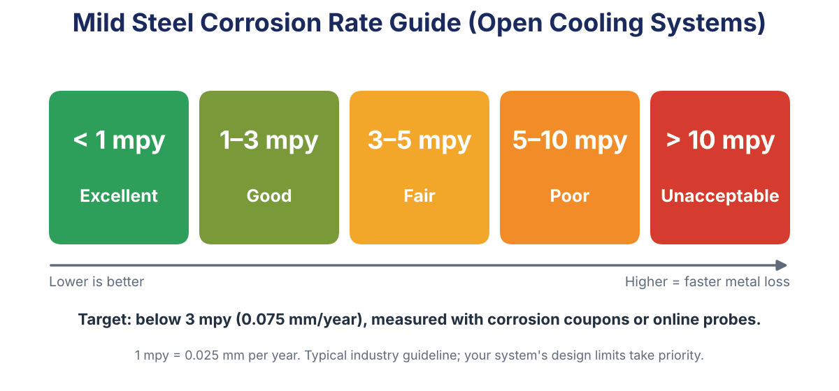 Mild steel corrosion rate guide for open cooling systems: below 1 mpy excellent, 1 to 3 good, 3 to 5 fair, 5 to 10 poor, above 10 unacceptable